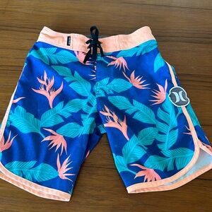 Hurley Blue Tropical Print Boys Board Shorts with Coral Accents